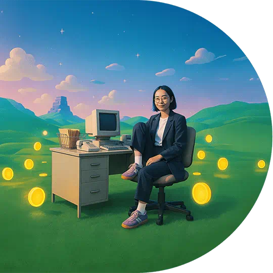 woman-sitting-at-desk-in-field-of-gold-coins