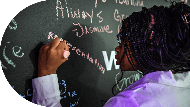 Girl writing on a chalkboard