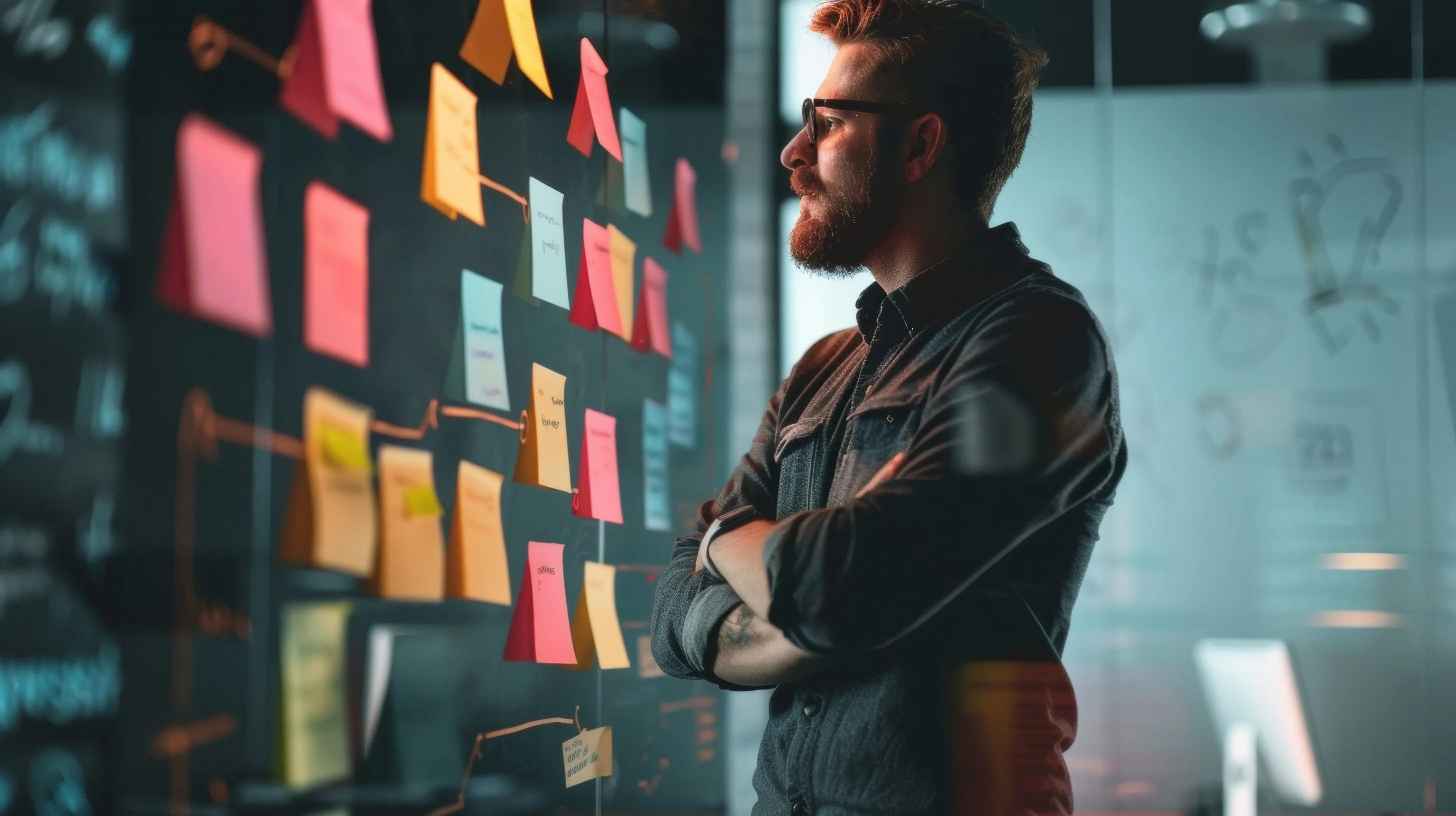 man-looking-at-sticky-notes