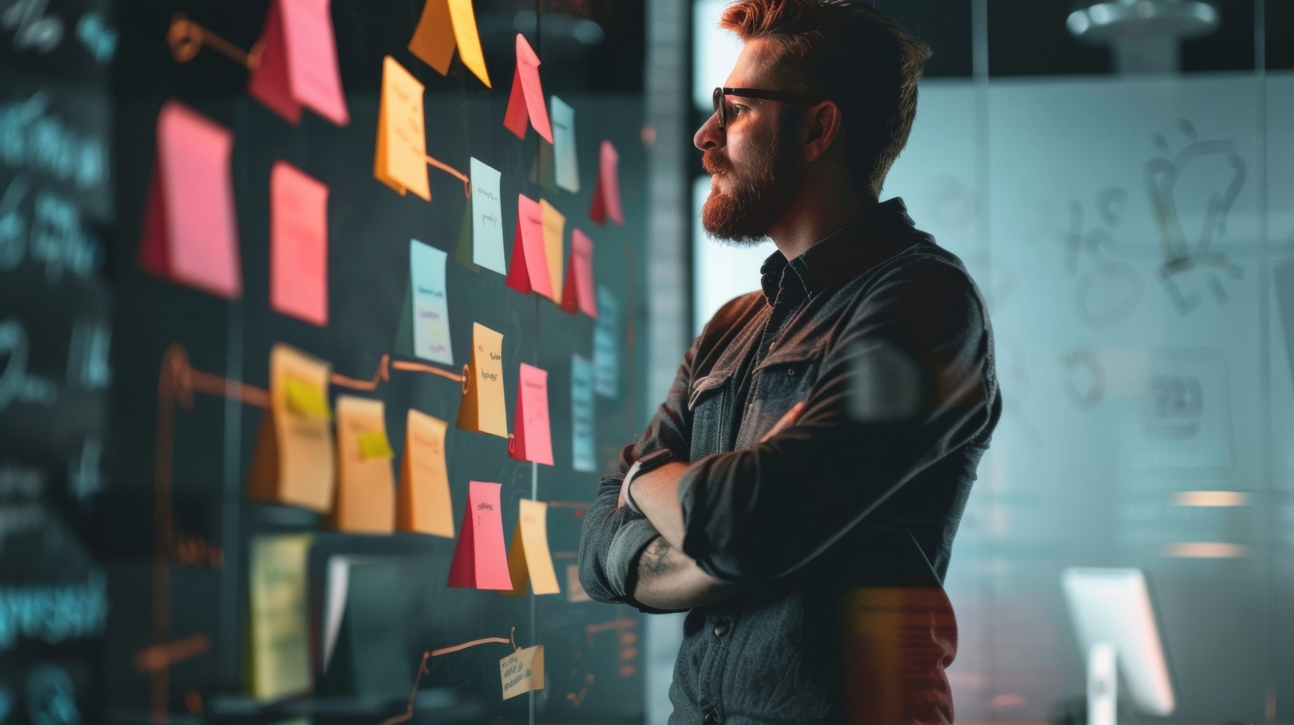 man-looking-at-sticky-notes