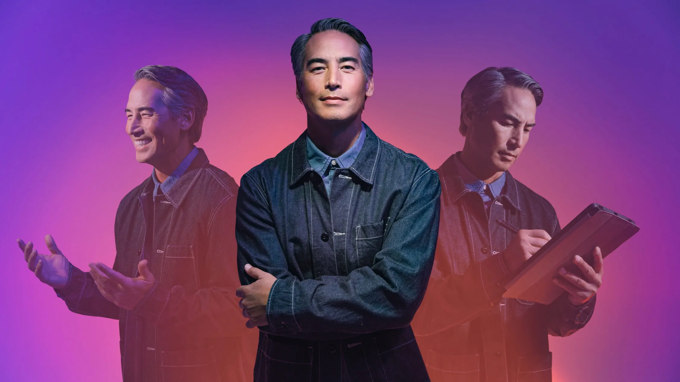man-standing-with-arms-crossed-in-front-of-purple-pink-gradient