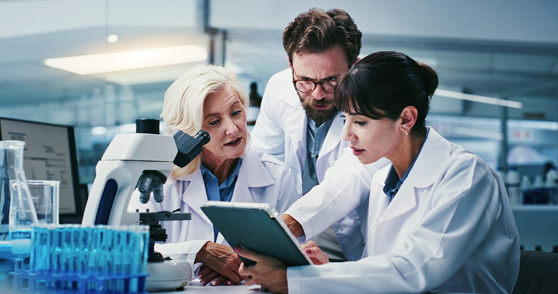 People scientist and team with tablet at lab for discussion