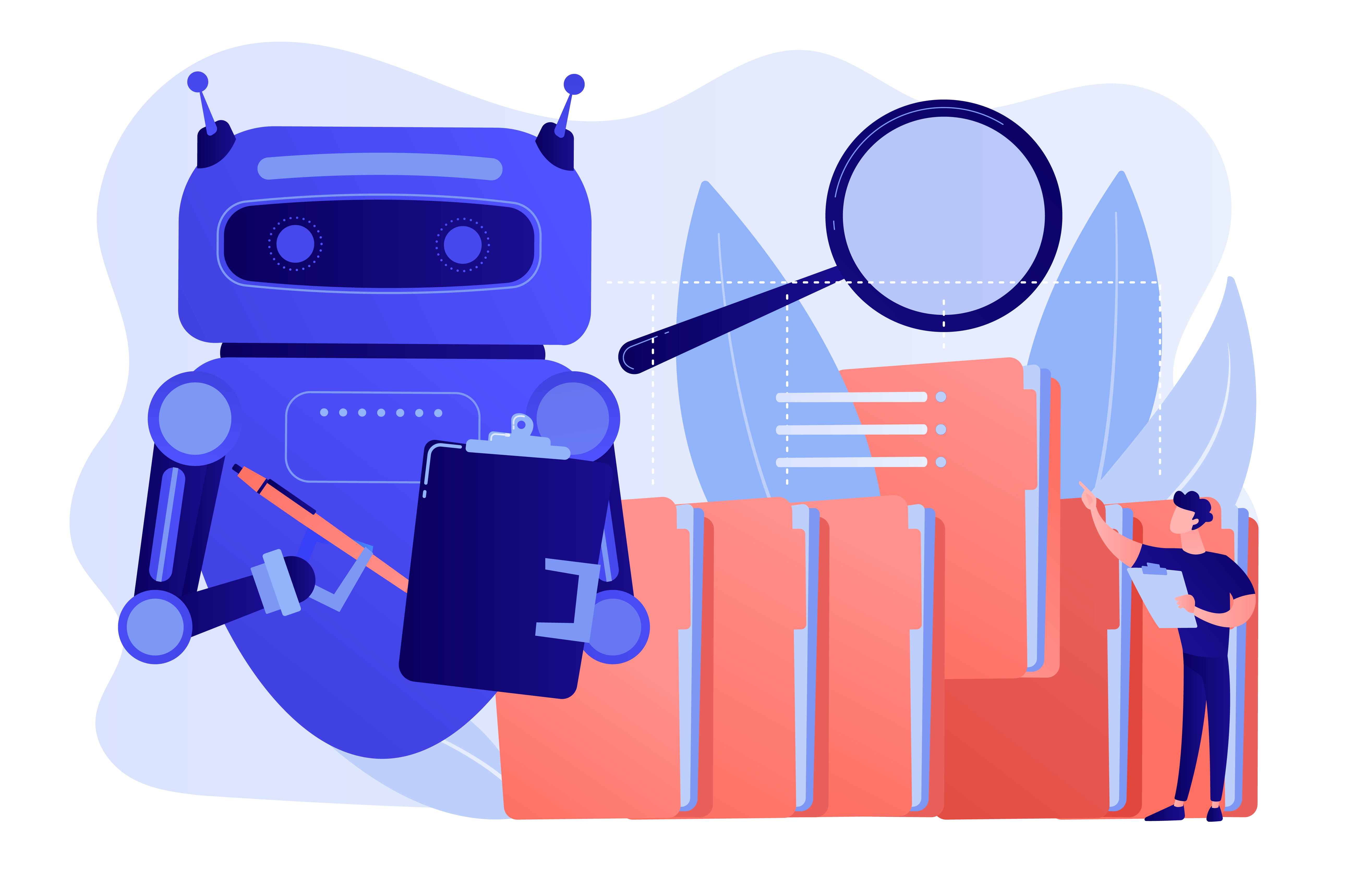 Cartoon image of robot with clipboard