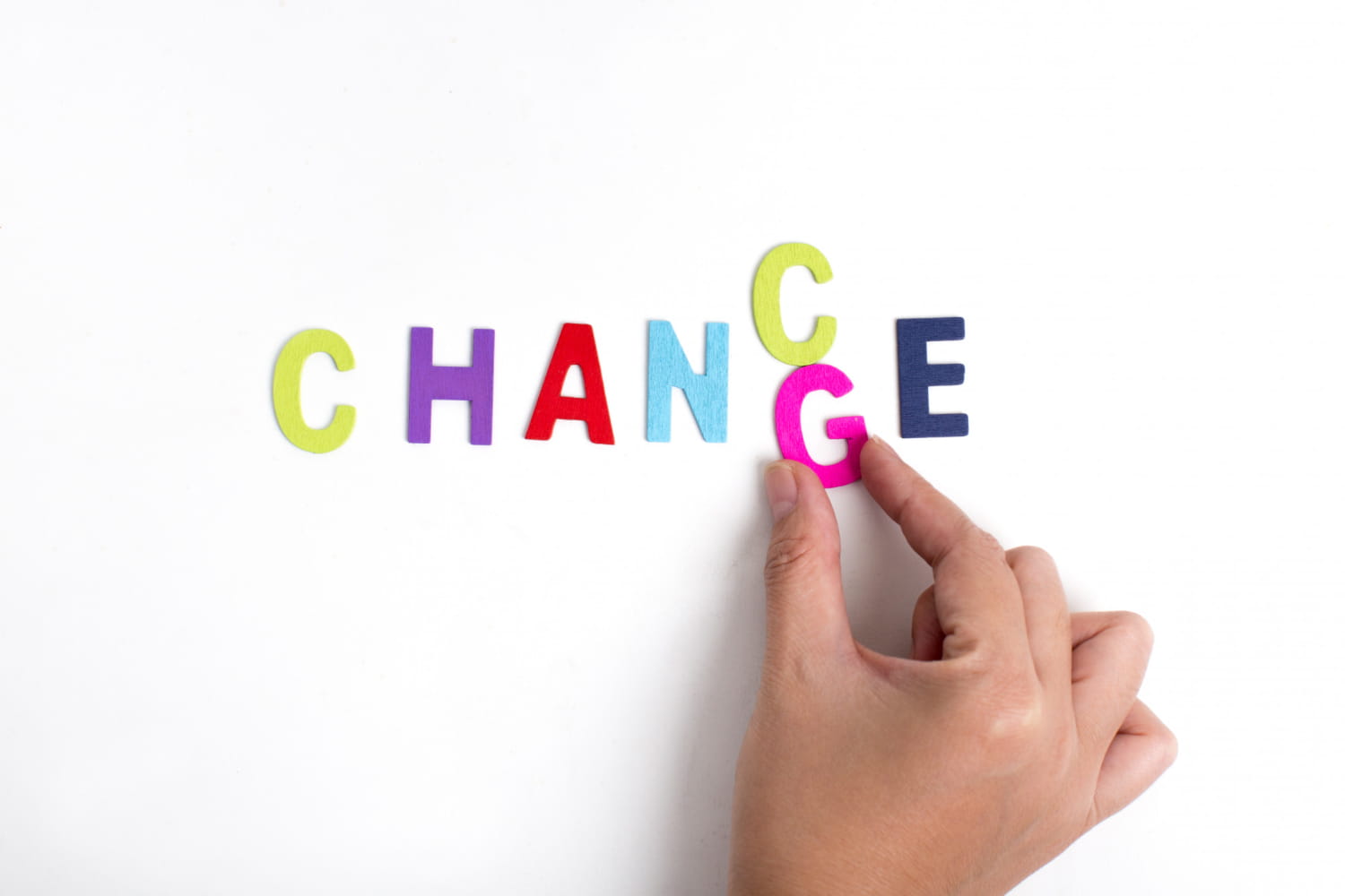 Light skinned hand moving a letter to change Chance to Change