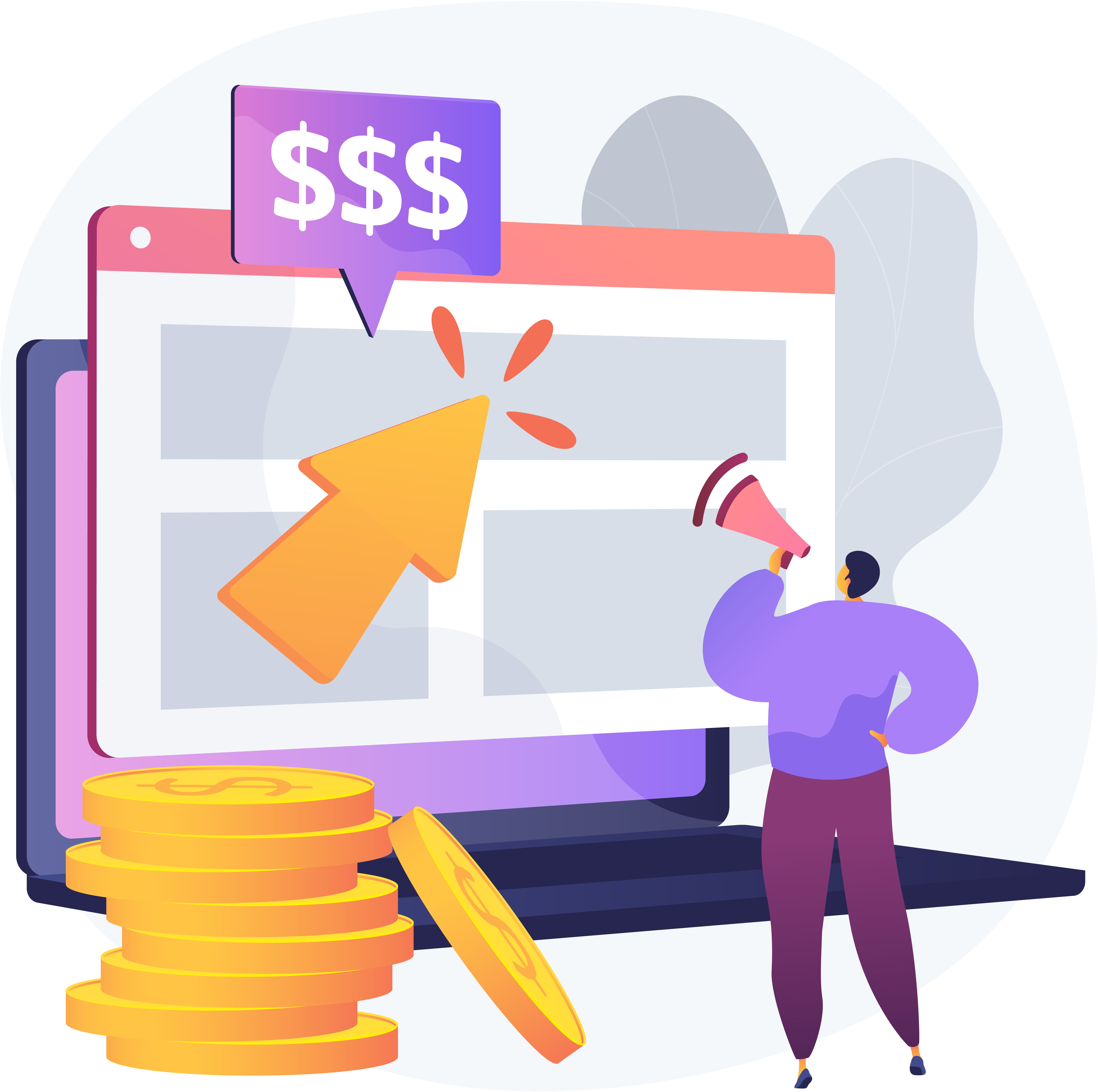 Figure with megaphone watching costs go up on a computer