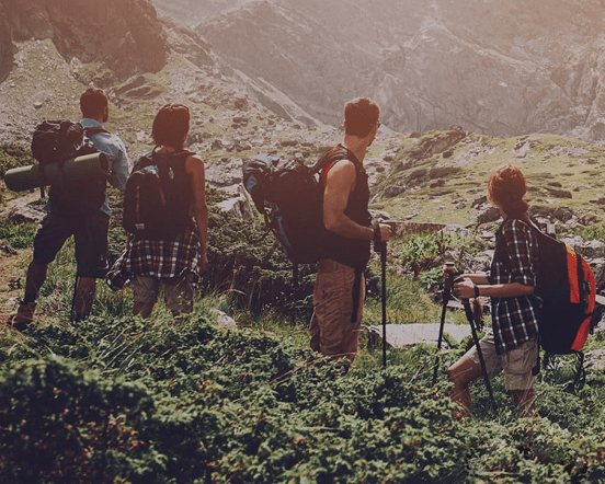 travelers standing and looking back at forest
