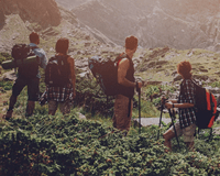 travelers standing and looking back at forest