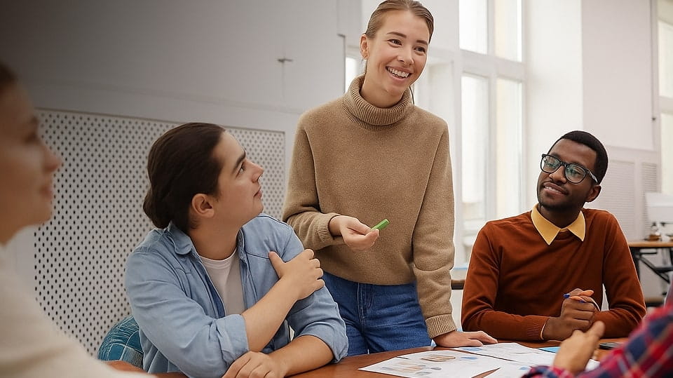 Group of young academically-enrolled project professionals discussing project management principles and methodologies.