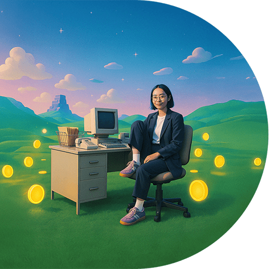 woman-sitting-at-desk-in-field-of-gold-coins