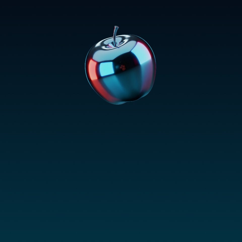 Digitally rendered apple, representing generative AI, iridescent blue, navy. 