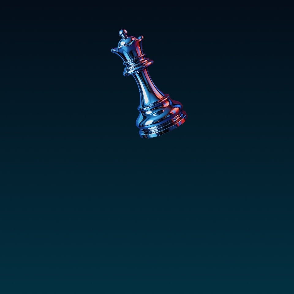 A digitally rendered Queen chess piece, representing mastering of AI, iridescent blue, navy.
