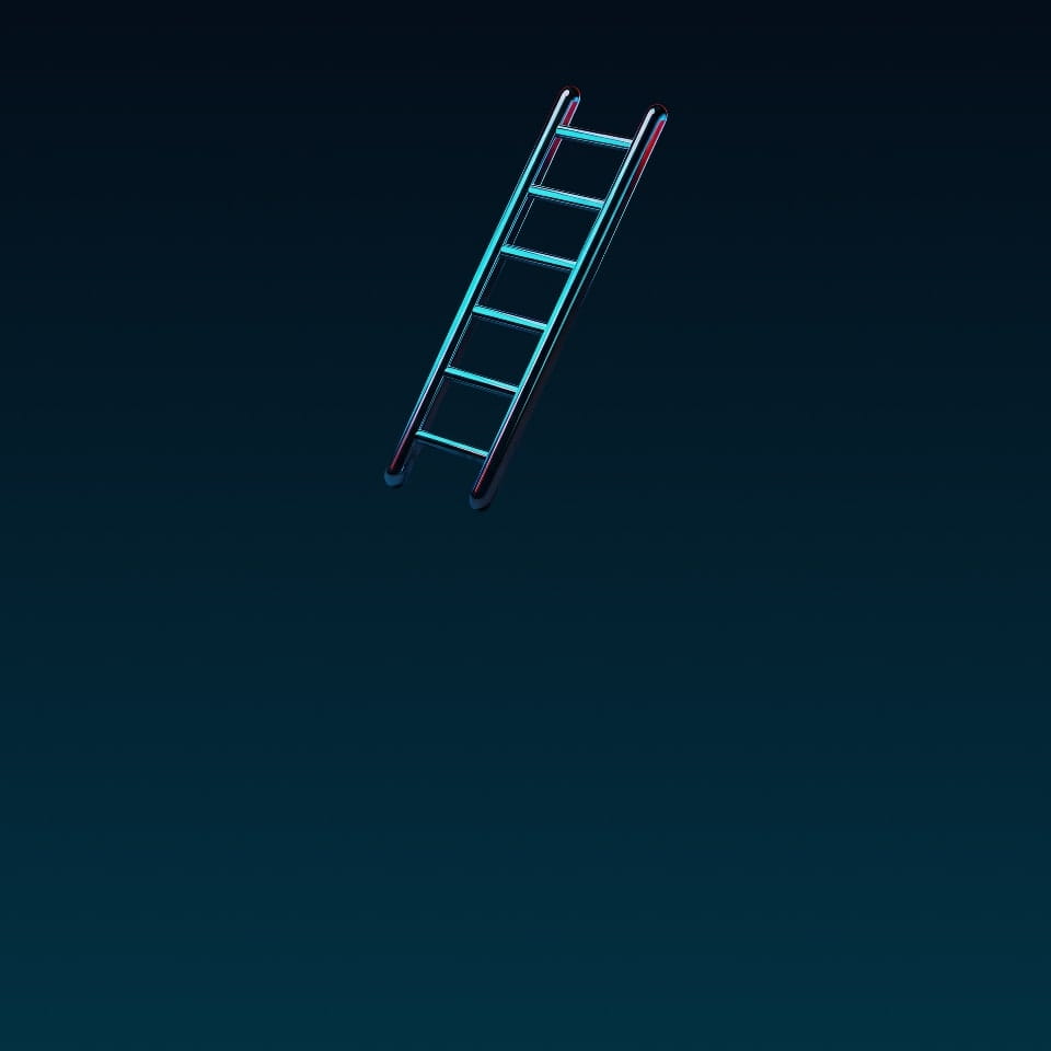 Digitally rendered ladder, representing the corporate ladder of AI, iridescent blue, navy.