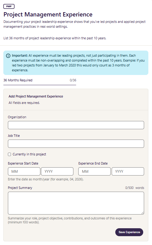 Project Management Experience Screenshot