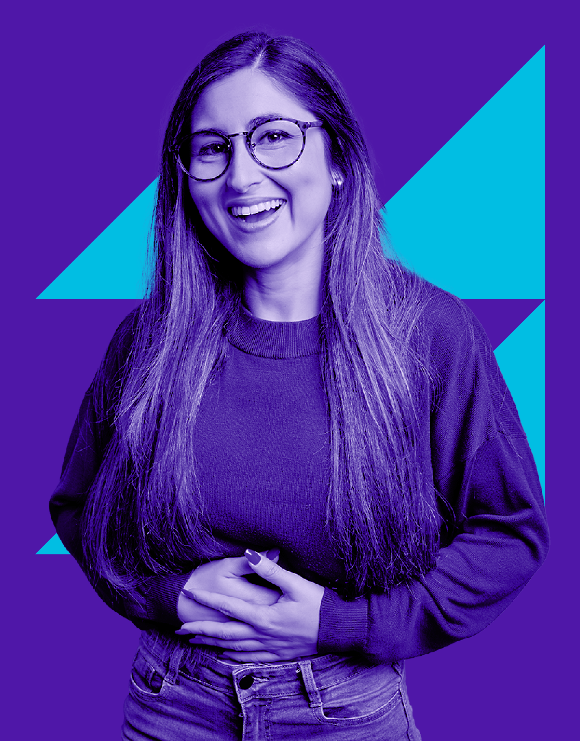 violet girl with glasses standing in front of aqua innovation icon