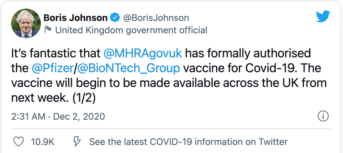 Image of tweet from Boris Johnson about the Pfizer/BioNTech COVID-19 vaccine