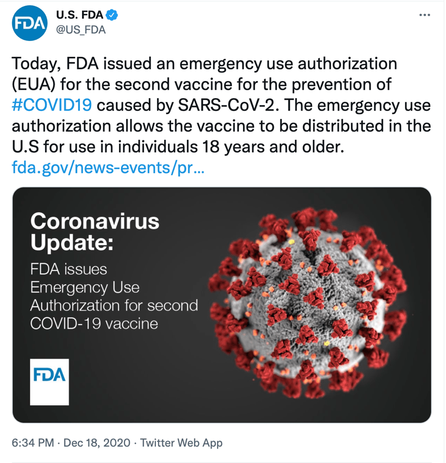 Image of tweet on the day the FDA issued an emergency use authorization for the second COVID-19 vaccine